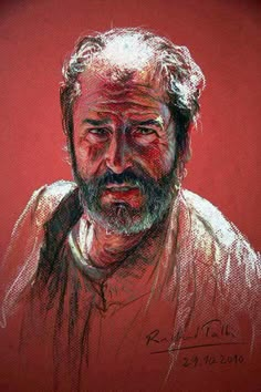 a drawing of a man with white hair and beards, wearing a red shirt