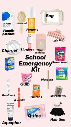 the contents of a school emergency kit on a pink background with text that reads back to school