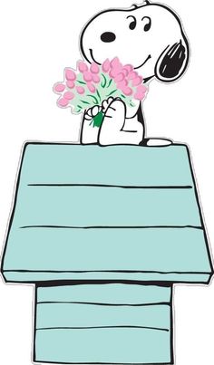 a cartoon snoopy holding flowers on top of a blue sign with the words happy valentine's day written below it