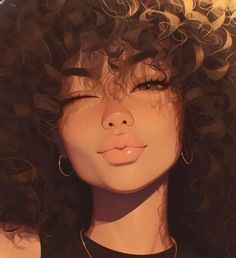 a drawing of a woman with curly hair and big hoop earrings on her head, looking to the side