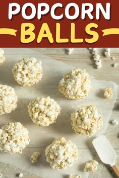 popcorn balls on a baking sheet with text overlay