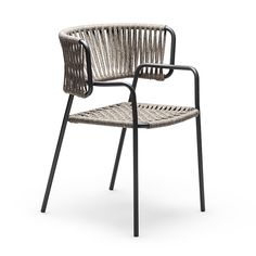 an outdoor chair with black frame and wicker seat, viewed from the front view