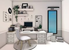 a computer desk with a white chair and shelves on the wall in front of it