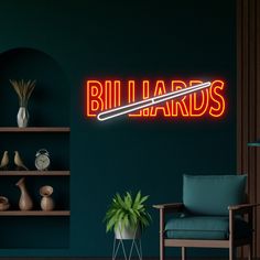 a neon sign that reads billiards on the wall next to a chair and potted plant