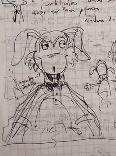 a drawing of a cartoon character in front of a sheet of paper with writing on it