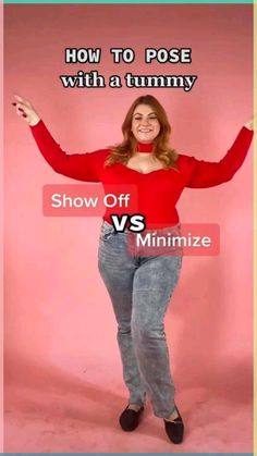 a woman in red shirt standing next to a pink background with the words show off vs minimize