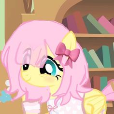 a pink pony is standing in front of a bookshelf and looking at something