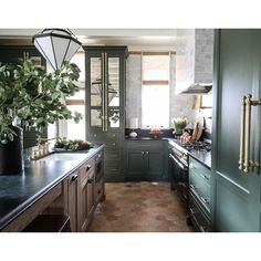 an image of a kitchen setting with green cabinets and black counter tops, along with the words parkandoakdesign