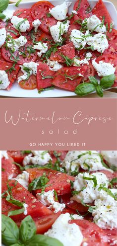 watermelon caprese salad with feta cheese and basil leaves on top