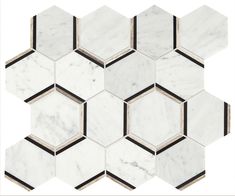 white marble hexagon tiles with black and grey lines