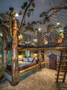 a bedroom that has a bed made out of wood and rope in the middle of it