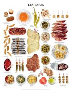 a poster with different types of food on it's sides and the words les tapas