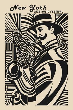 the new york jazz music festival poster is shown in black and white, with a man playing