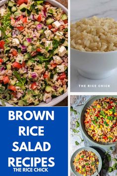 brown rice salad recipe collage with the words, brown rice salad recipes on it