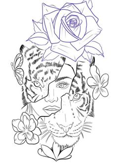 a drawing of a tiger with flowers on it's head and the face of a woman