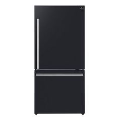 a black refrigerator freezer sitting on top of a white wall