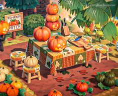 a painting of pumpkins on a picnic table