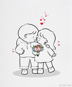 two children standing next to each other with hearts coming out of their mouths and holding flowers