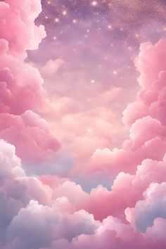 the sky is filled with pink clouds and stars