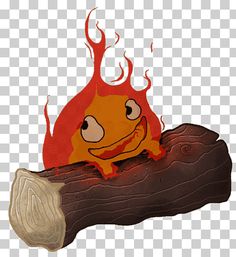 a cartoon fire with a fish on it's head sitting next to a piece of wood