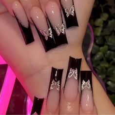 24pcs Glossy Long Square Fake Nails, Black French Tip Press On Nails With 3d Butterfly And Silvery Glitter Design, Minimalist Style False Nails For Women Brand New Never Worn! Girly Acrylic Nails, Shiny Nails, Black Nail Designs, Unique Acrylic Nails, Nail Swag, Bling Acrylic Nails, Acrylic Nails Coffin Short, Prom Nails