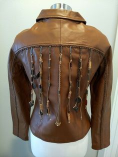 Women's Together Brown Leather Jacket Fringe Tassels Beads Charms Size 6.   Worn once or twice.  In good condition.  A great statement piece! Upcycled Leather Jacket, Leather Jacket Details, Jacket Details, Upcycled Leather, Beads Charms, Bone Beads, Clothing Inspiration, Double Breasted Jacket, Brown Leather Jacket