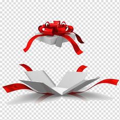 an open book with red ribbon and bow on the top, flying through the air