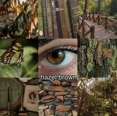 a collage of photos with the words hazel brown on it and an image of a woman's eye