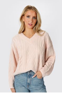 Pink Sweater - Fuzzy Cable Knit Sweater - Rose V-Neckline Sweater Cuddle Season, Wedding Romper, Jeans And Combat Boots, It's Cold Outside, White Romper, Chunky Knitwear, Fuzzy Sweater, Beautiful Sweater, Cold Outside