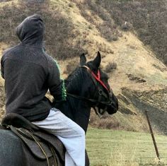 a man riding on the back of a black horse next to a lush green hillside