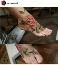 two pictures of the same person's foot with flowers on them and one has a rose tattoo on it