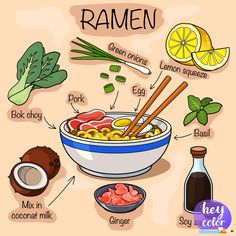 the ingredients for ramen in a bowl with chopsticks, lemon and ginger