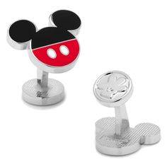 mickey mouse head cufflinks with red and black enamel on the front, and silver plated base