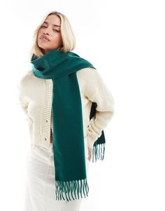 Accessories by ASOS DESIGN Introducing: that cozy feeling Rectangular cut Tassel ends Festive Green Bohemian Scarves, Trendy Cheap Green Scarves, Dark Green Scarf, Luxury Green Shawl Scarf, Luxury Green Shawl-style Scarf, Christmas Scarf, Tassel Scarf, Spring Floral Dress, Neck Chain