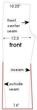 the front and back side of a sewing pattern, with measurements for each garment size