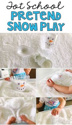 a collage of photos showing how to make a pretend snow play