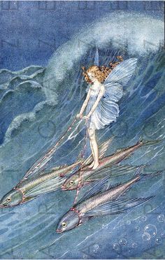 a fairy is standing on top of a fish in the ocean with her wings outstretched