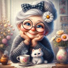 an older woman with glasses and a cat next to her on a table in front of flowers