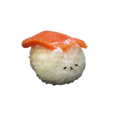 a piece of sushi with rice and salmon on it's side, in the shape of a face