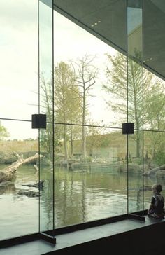 a person sitting on a ledge in front of a window looking out at the water