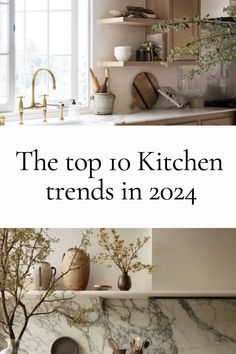 the top 10 kitchen trend in 2020 is marble countertops and shelves with vases on them