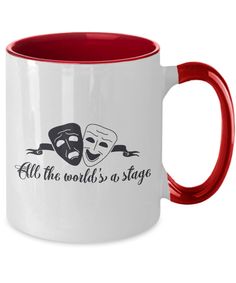 two masks with the words all the world's a stage printed on it, both red and white coffee mugs