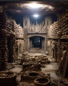 an old building with many pieces of pottery on the floor and in front of it is a fire place