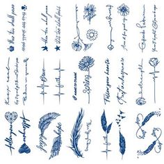 the letters and numbers are drawn in blue ink on white paper, with floral designs