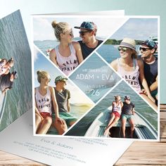 an open photobook with photos on it and the cover opened to show two people riding in a boat