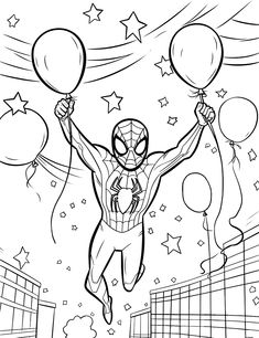 spiderman flying through the air with balloons in his hand and stars around him, coloring page