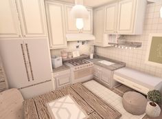 a 3d image of a kitchen with white cabinets