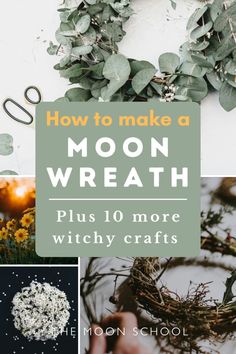 Witchy crafts for summer how to make a Moon wreath Yule Moon Wreath, Moon Wreath Tutorial, Samhain Wreath Diy, How To Make A Moon Wreath, The Diy Mommy, Fall Witchy Crafts, Crescent Moon Wreath Ideas, Fall Witch Crafts, Witchy Christmas Crafts