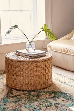 a wicker coffee table with a potted plant on top in front of a window