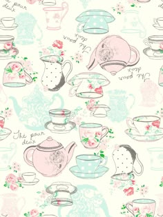 tea cups and saucers on a white background with pink flowers in pastel colors